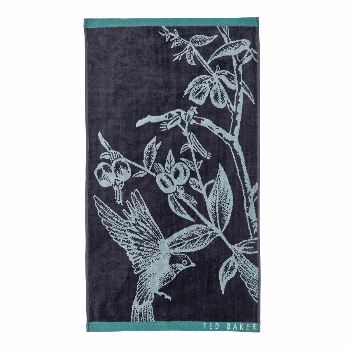 Dark blue towel with a light blue bird and branch illustration, teal borders, and “TED BAKER” branding