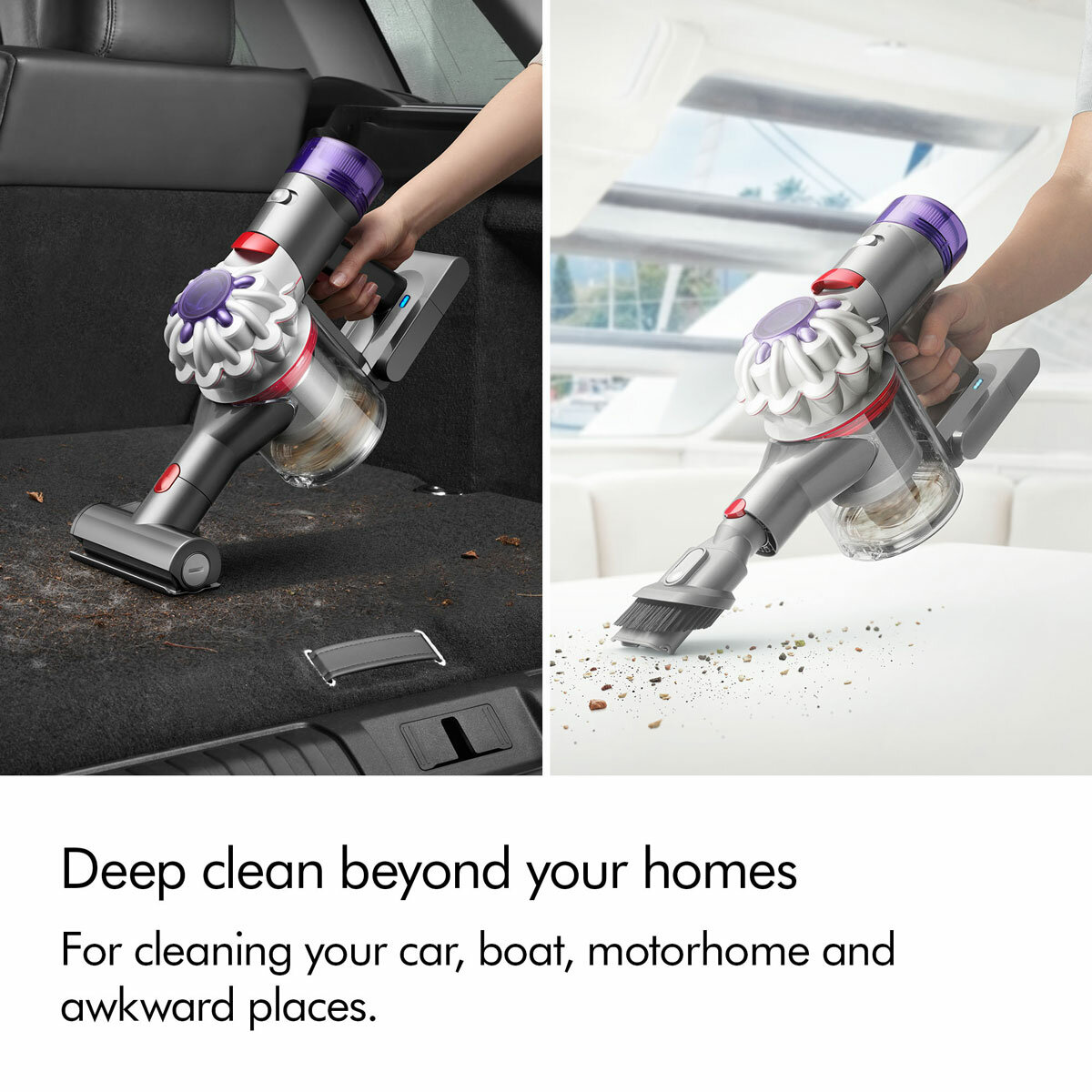 Lifestyle image of Dyson Car+Boat Handheld Vacuum showing being used outside of homes such as car, boat, motorhome