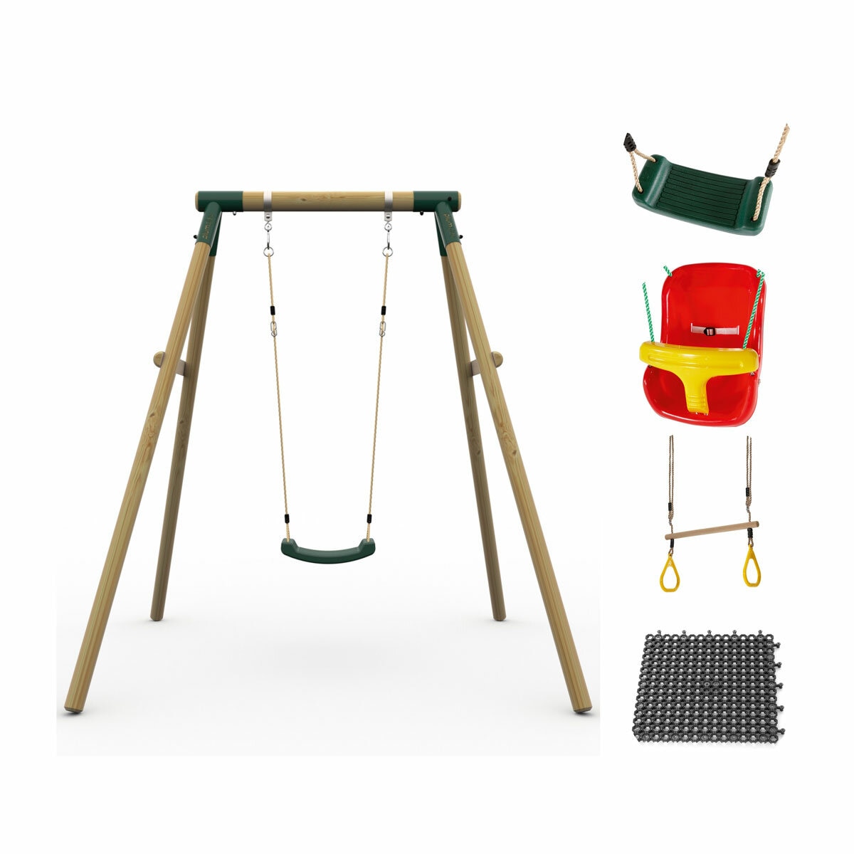 Studio image showing the Plum Ultimate One Person Premium Wood Swing, baby seat, trapeze and Protektamats Studio image showing the Plum Ultimate One Person Premium Wood Swing, baby seat, trapeze and Protektamats