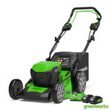 Greenworks 48V Cordless 46cm Self-Propelled Lawn Mower + 2 x 24V (4Ah) Batteries and Twin Charger