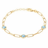 Round Cut Aquamarine Paperclip Bracelet, 14ct Yellow Gold