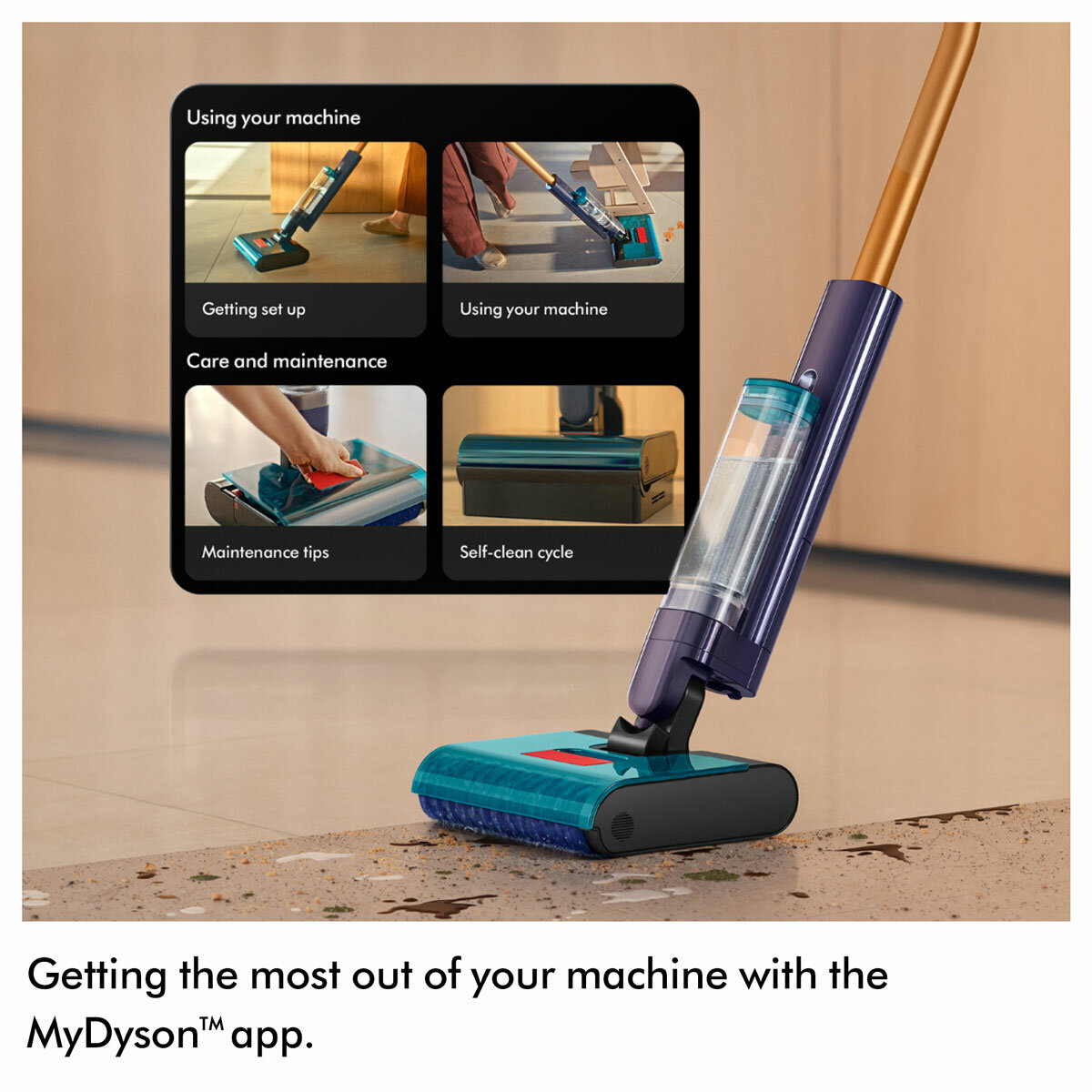 Lifestyle image of Dyson Clean+Wash Hygiene hard floor cleaner compatible with MyDyson app