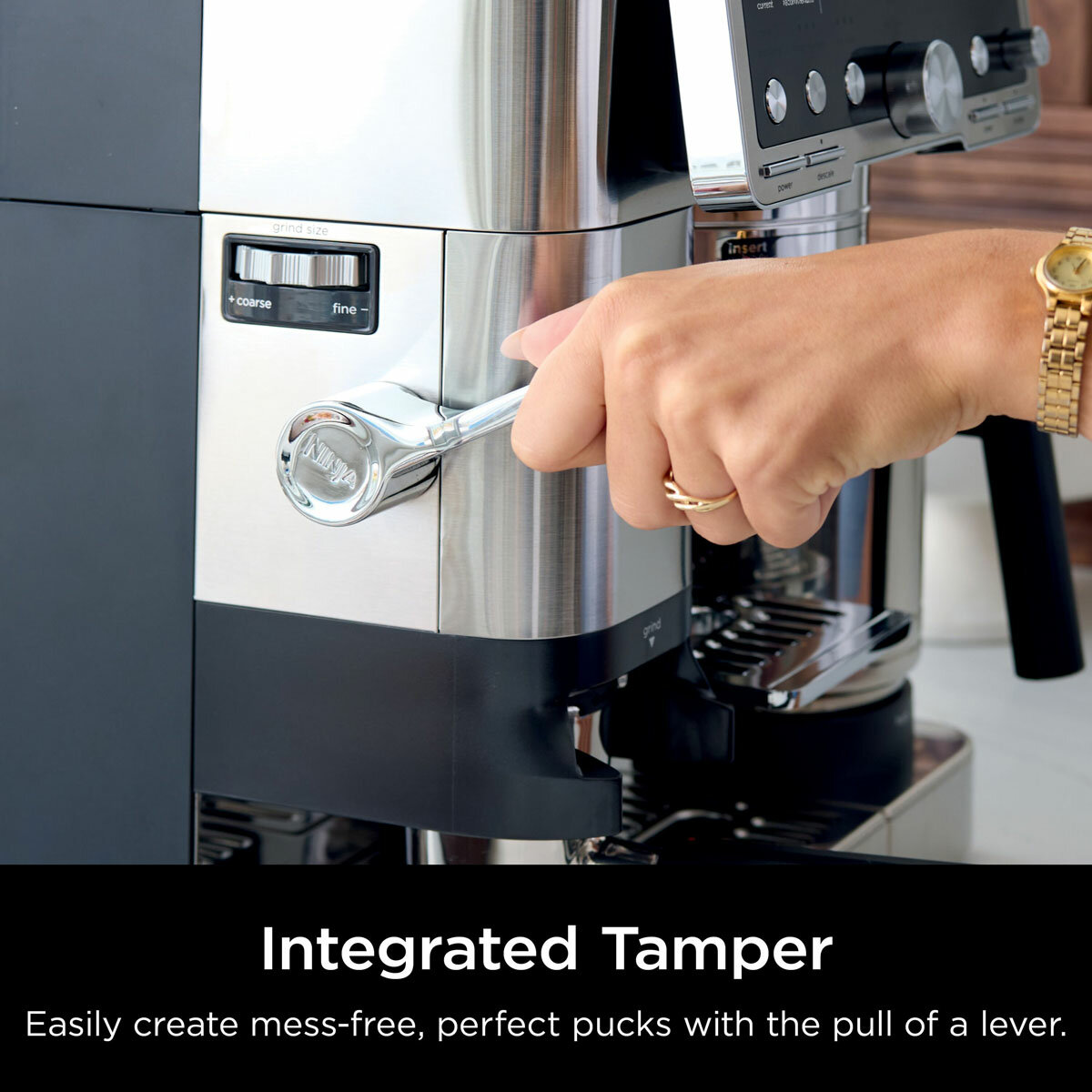 Lifestyle image of  Ninja Luxe Café Pro Espresso Machine showing integrated tamper
