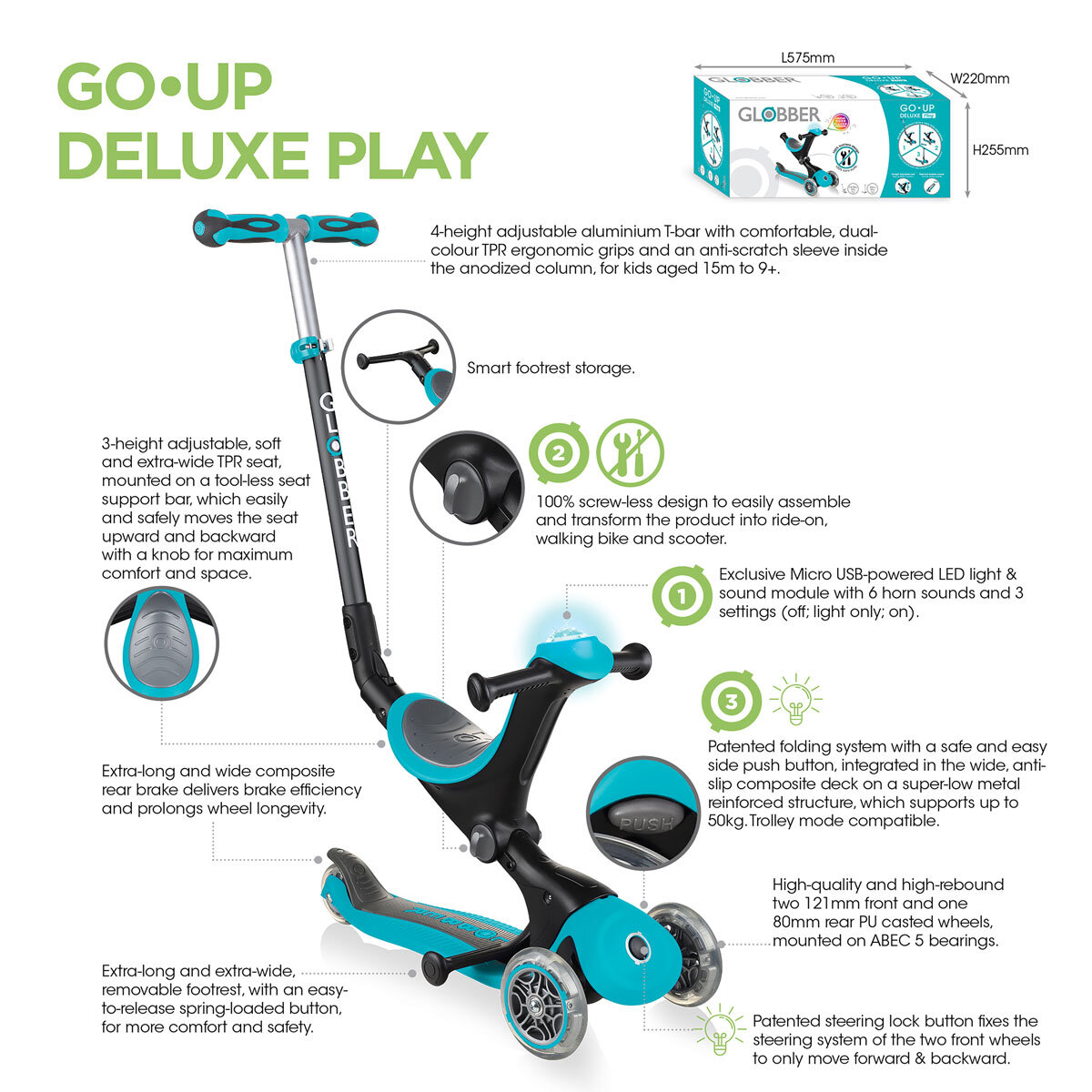 Buy Globber GO.UP Deluxe Play Teal Information Image at Costco.co.uk