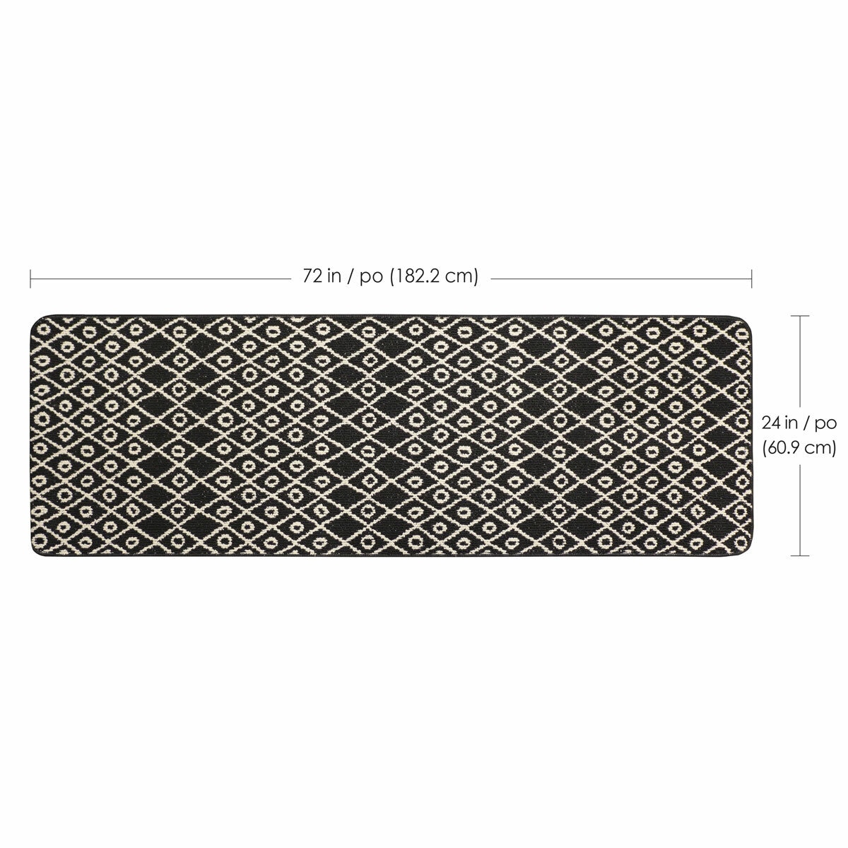 Runner rug with black and white geometric pattern showing dimensions of 182 x 60.9 cm