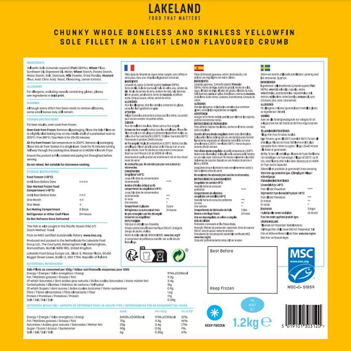 Lakeland Premium Yellowfin Sole Fillets, 1.2kg