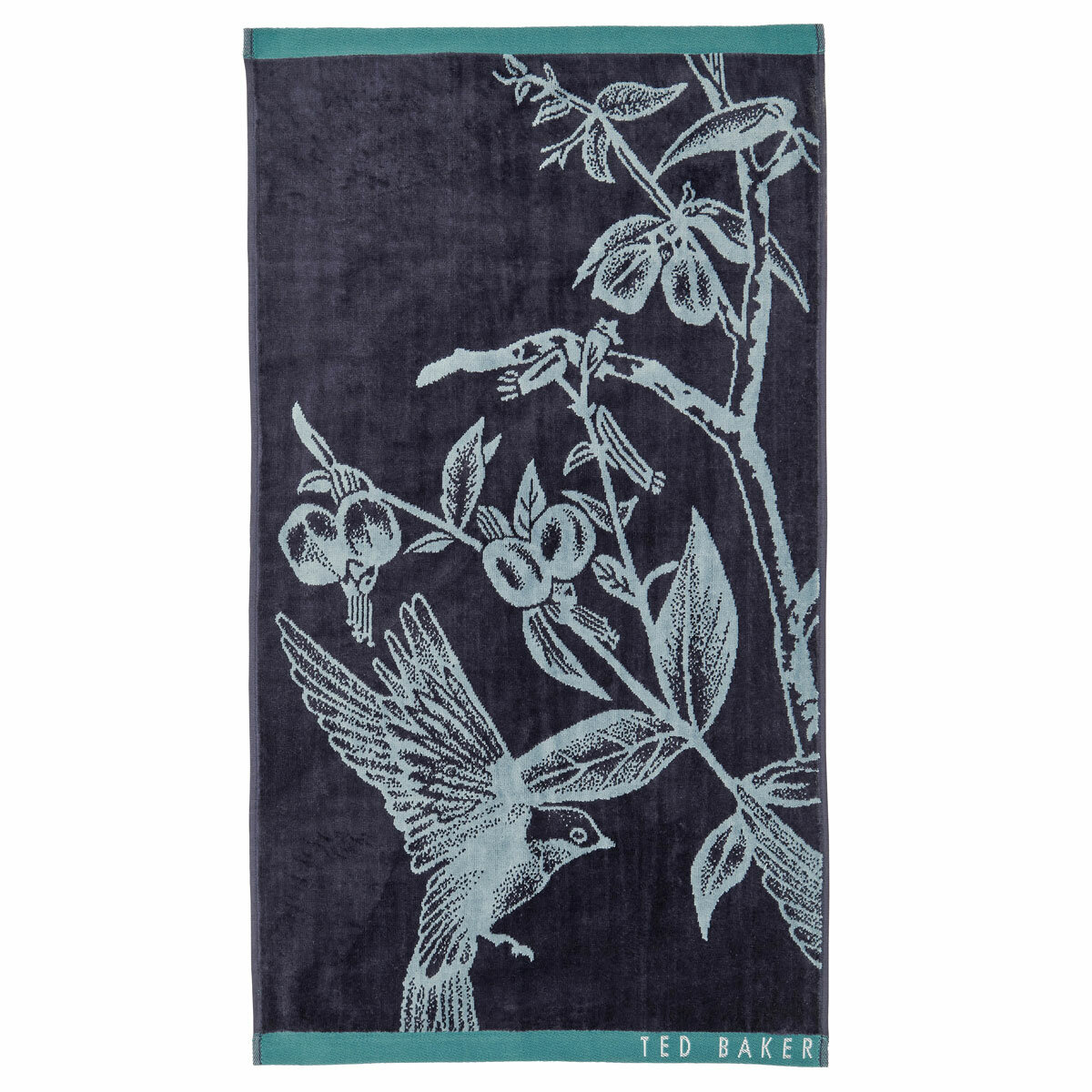 Dark blue towel with a light blue bird and branch illustration, teal borders, and “TED BAKER” branding