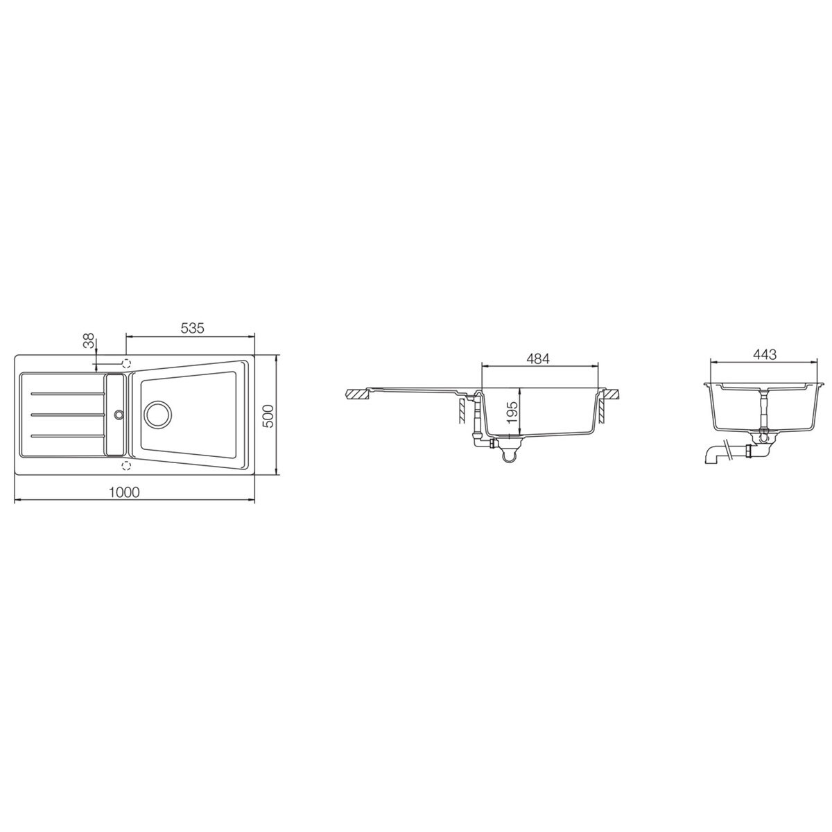 Line drawing of sink on white background with dimensions