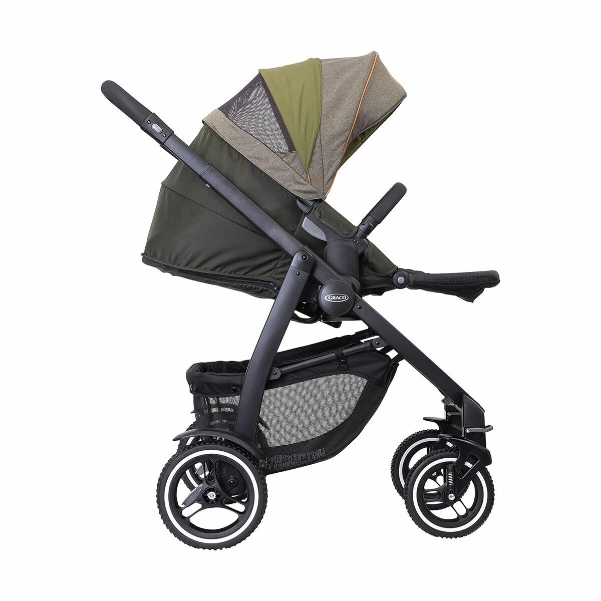 Studio image of the stroller from the side, raincover and footrest up