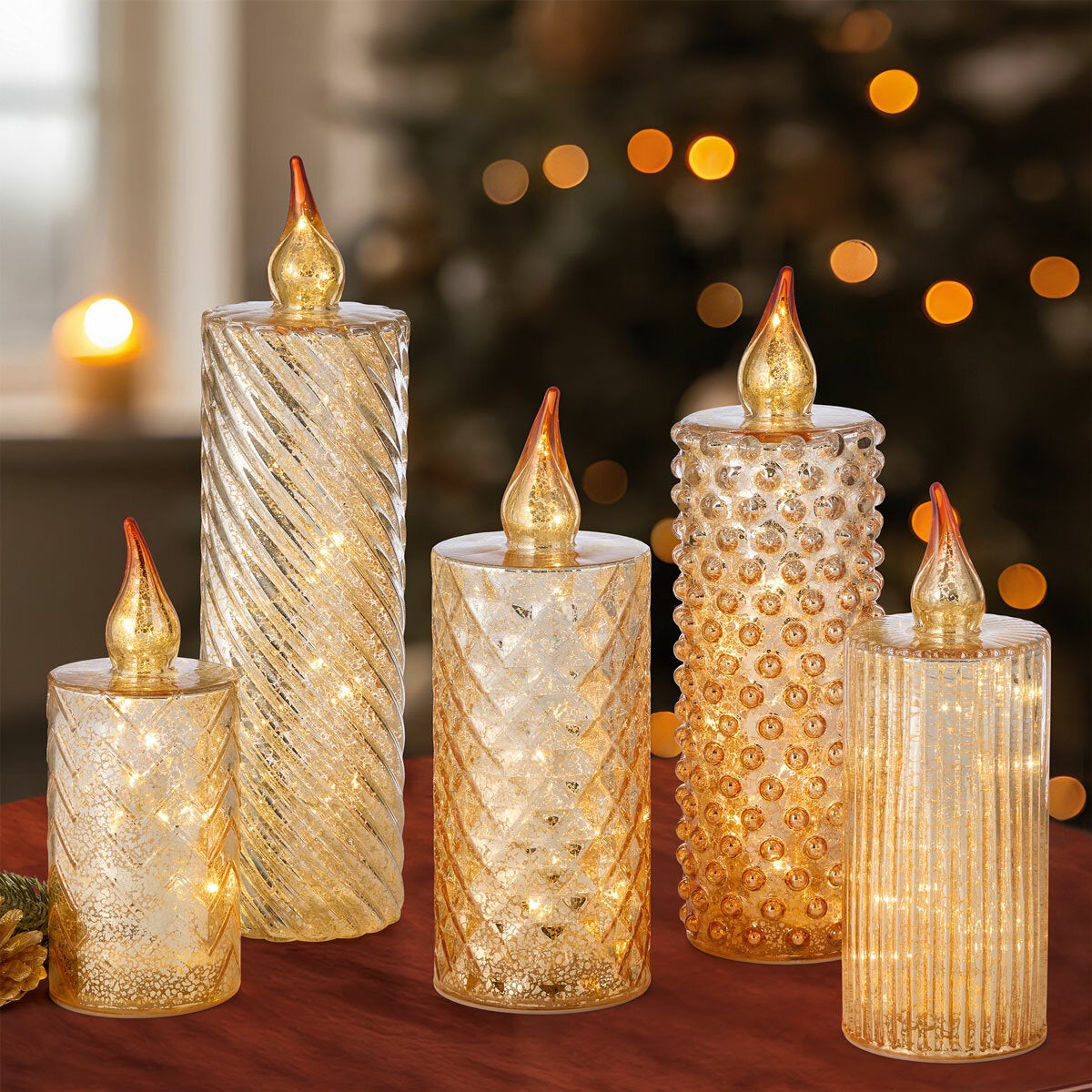 Glass LED Candles In Gold - Set Of 5 Glass LED Candles In Gold - Set Of 5