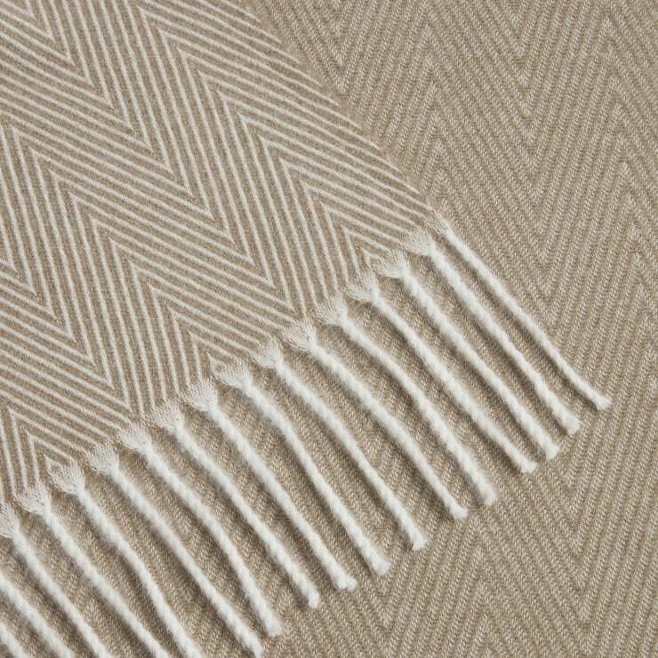 Osprey London Taupe Herringbone Fringed Throw, 140 x 190 cm