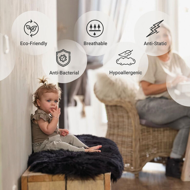 Naturally Sheepskins Long Wool Quad Rug, 180 x 110 cm in Black