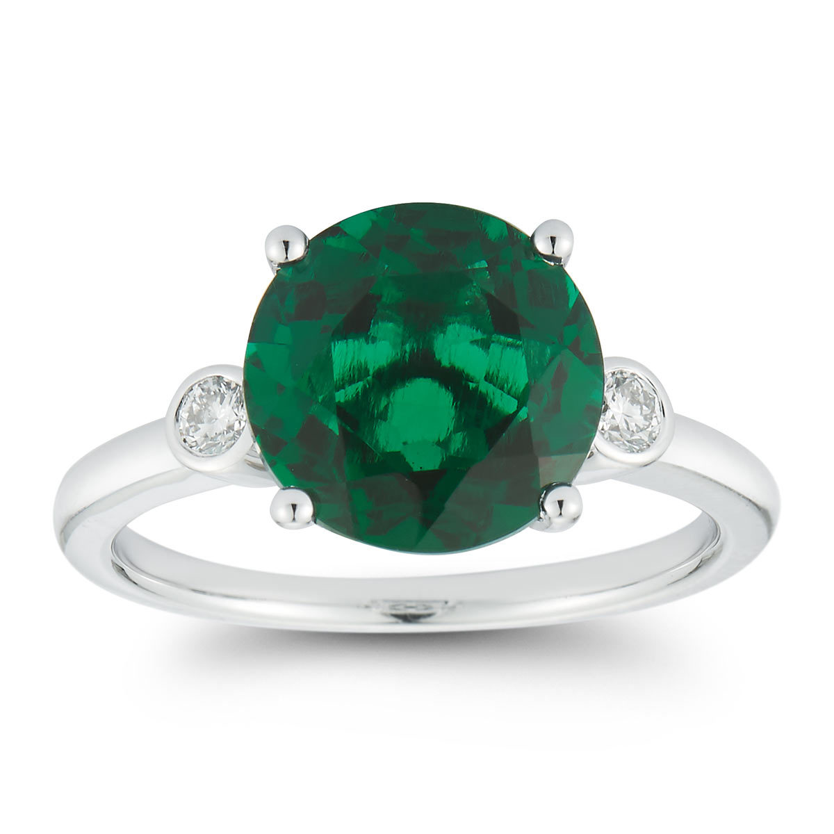 Round Cut Lab Emerald and 0.13ctw Diamond Ring, 18ct White Gold