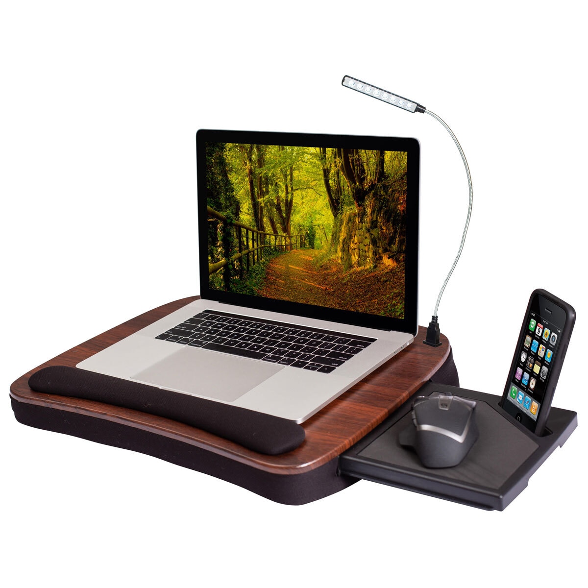 Birdrock Multi-Tasking Lap Desk with Mouse Deck and Light in Brown