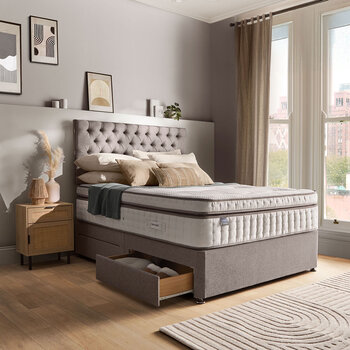 Silentnight 4 Drawer Divan Base with Eden Headboard in Pebble in 2 Colours & 3 Sizes