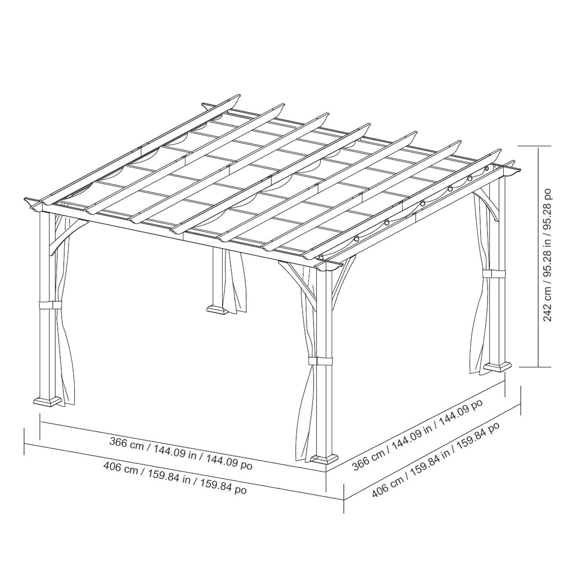 Cosmos 12 x 12ft (3.6 x 3.6m) Wood-Look Pergola with Canopy + Curtains