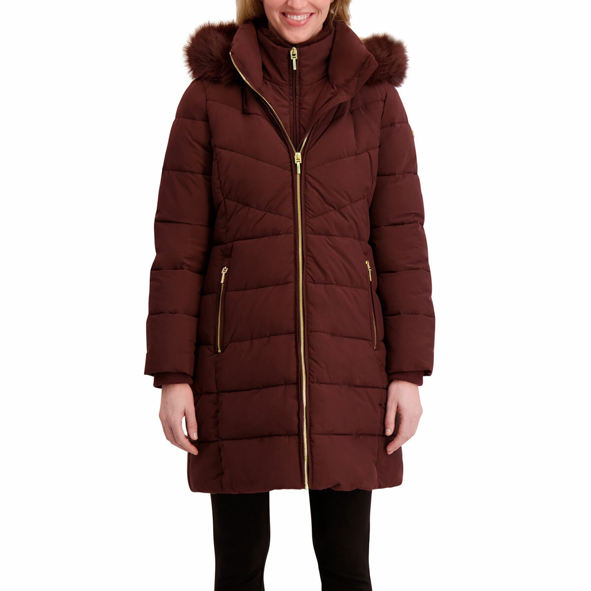 Halston Ladies Hooded Walker Coat in Burgundy