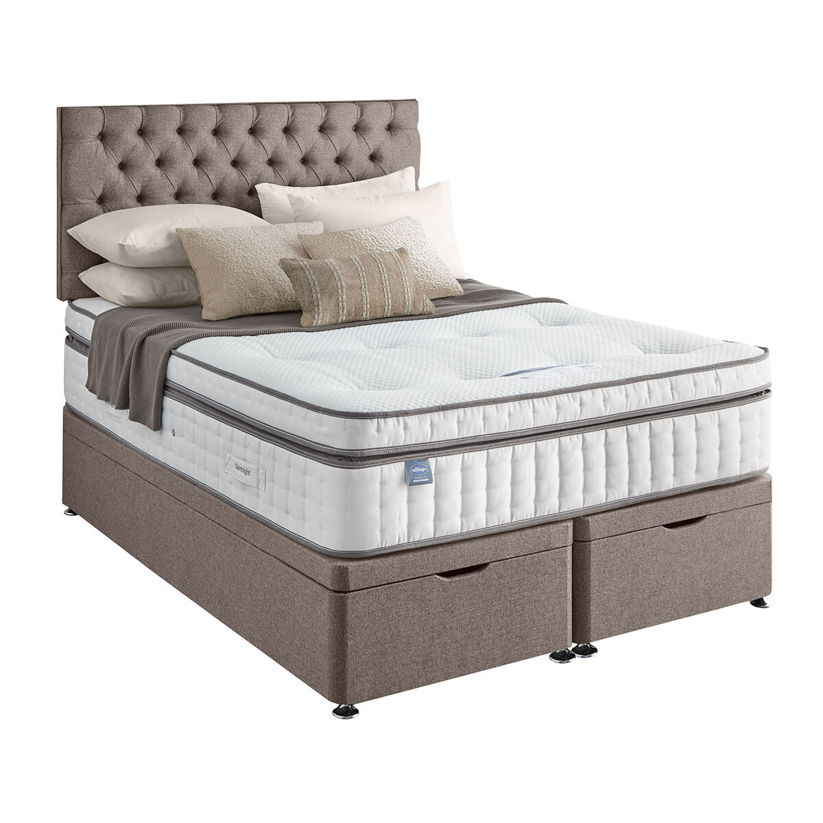 Silentnight Full Ottoman Divan Base with Eden Headboard in Pebble in 3 Sizes