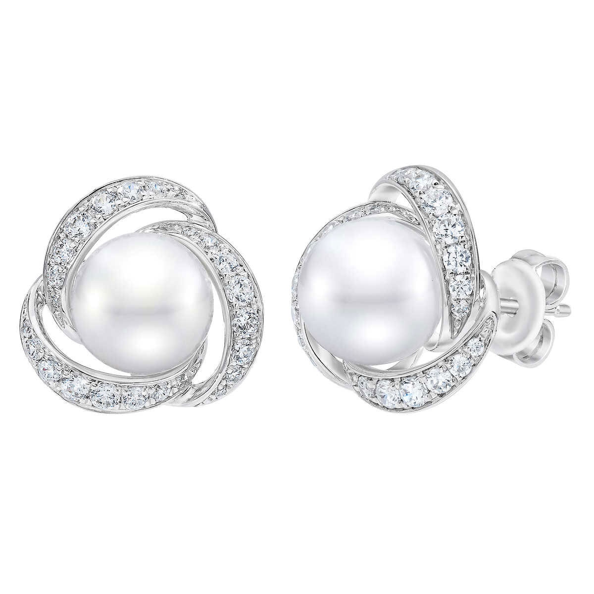 7.5-8mm Cultured Freshwater White Pearl & 0.50ctw Diamond Earrings, 14ct White Gold