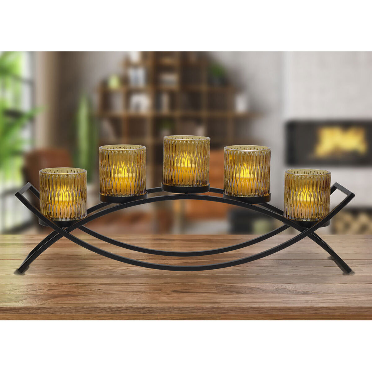 Mikasa Double Arch Centrepiece with 5 Glass Candle Holders in Amber Glass