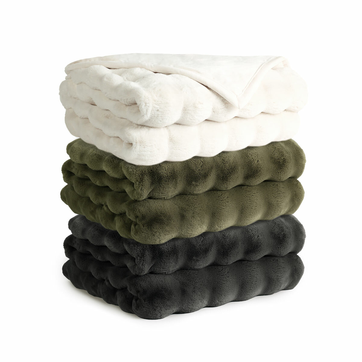 Stack of four quilted throws in white, olive, dark olive and charcoal grey
