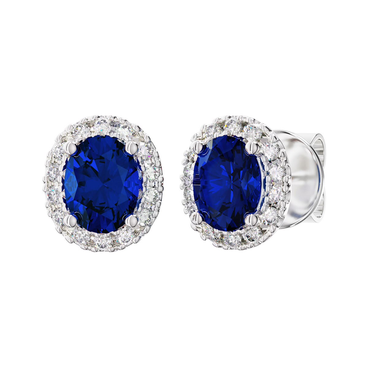 Oval Cut Sapphire & 0.16ctw Diamond Halo Earrings, 14ct White Gold