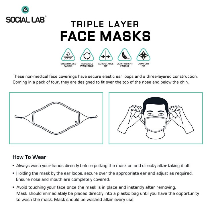 Social Lab Triple Layer Women's Reusable Face Masks, 4 Pack Social Lab Triple Layer Women's Reusable Face Masks, 4 Pack