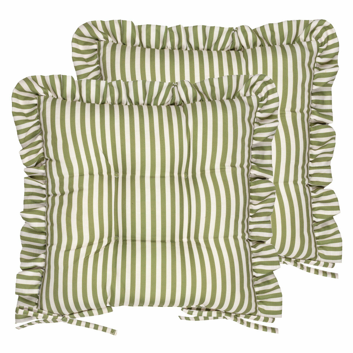 Wylder Millie Ruffle Green Striped Indoor Outdoor Seat Pad 2 Pack, 40 x 40 cm