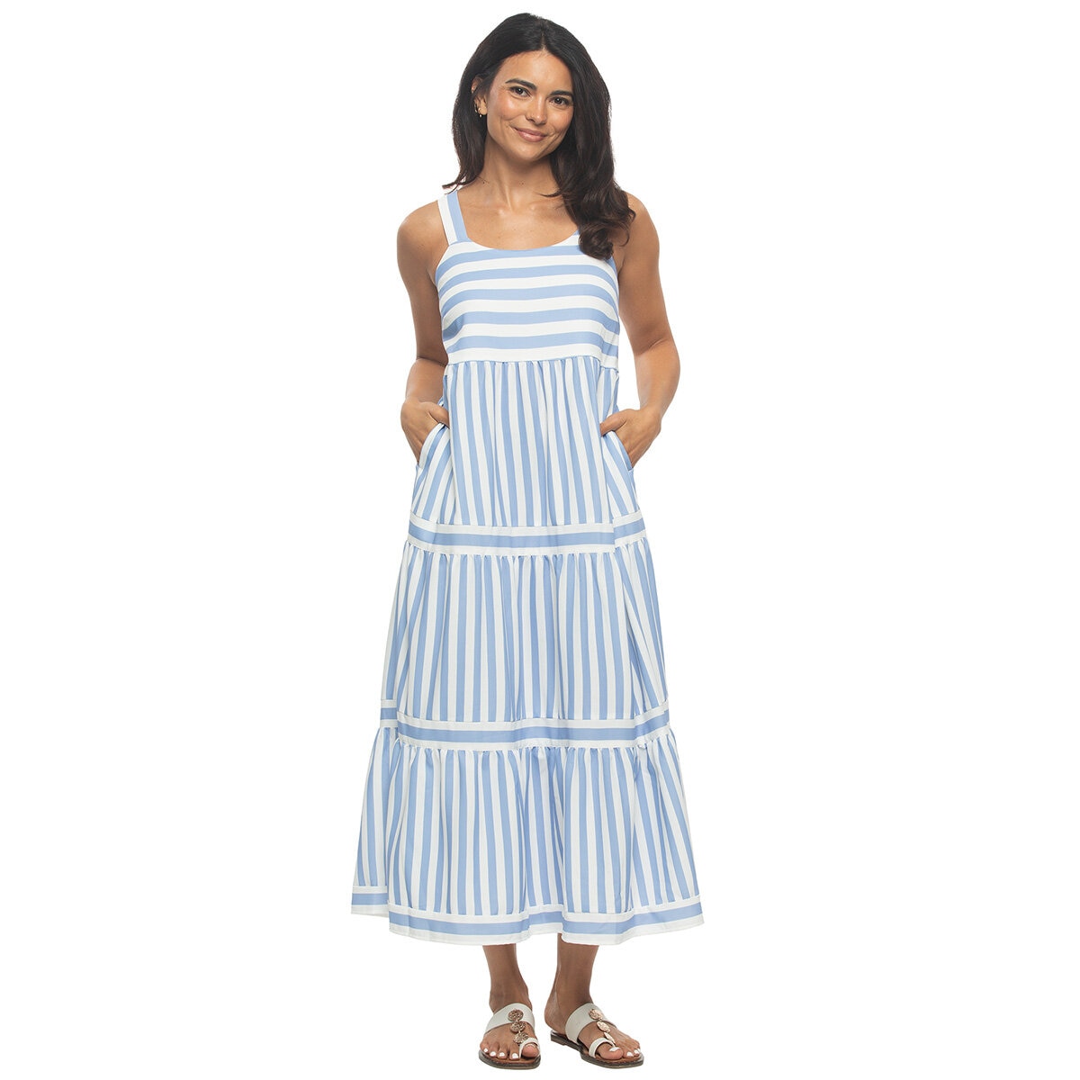 Jezebel Ladies Tiered Dress in Light Blue Stripe Jezebel Ladies Tiered Dress in Light Blue Stripe