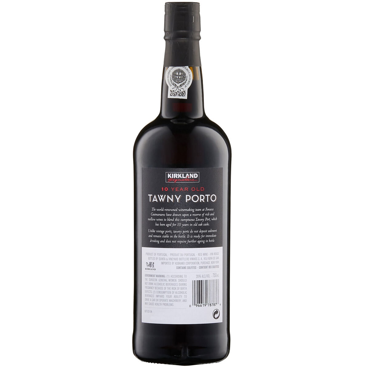 kirkland signature tawny port 10 year old bottle with black label