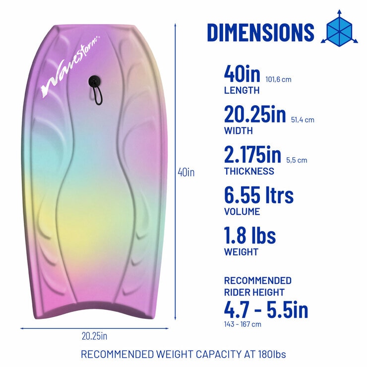 Graphic showing the dimensions of the bodyboard