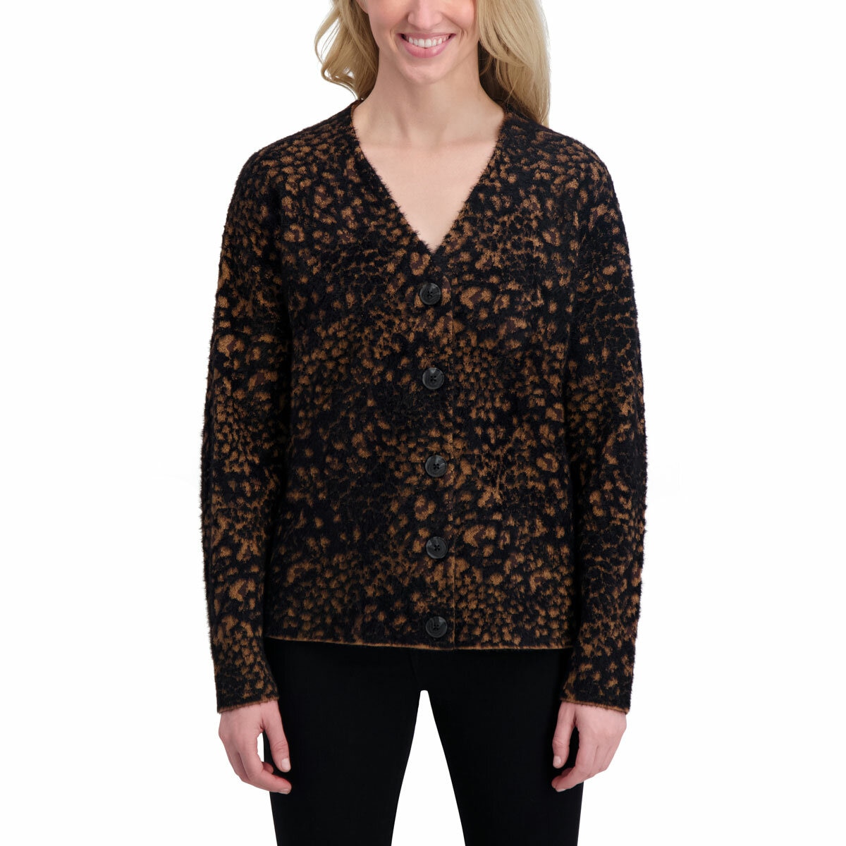 DKNY Ladies Leopard Print Cardigan in Black