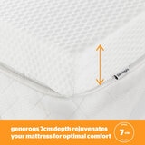 A white mattress topper with elastic corner straps fitted neatly over a mattress.