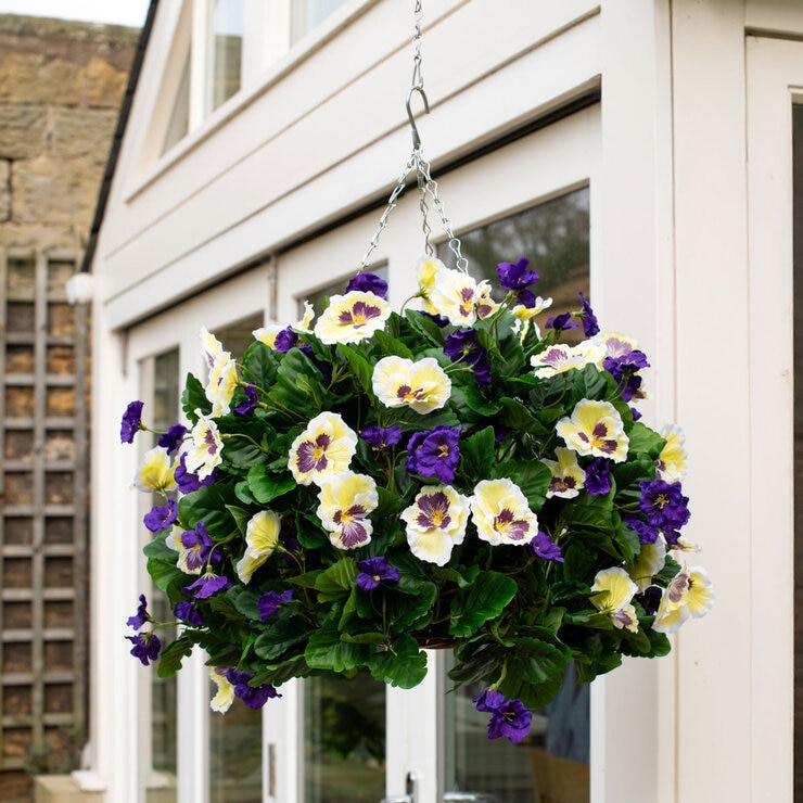 Artificial Purple & White Pansy Flower Hanging Basket