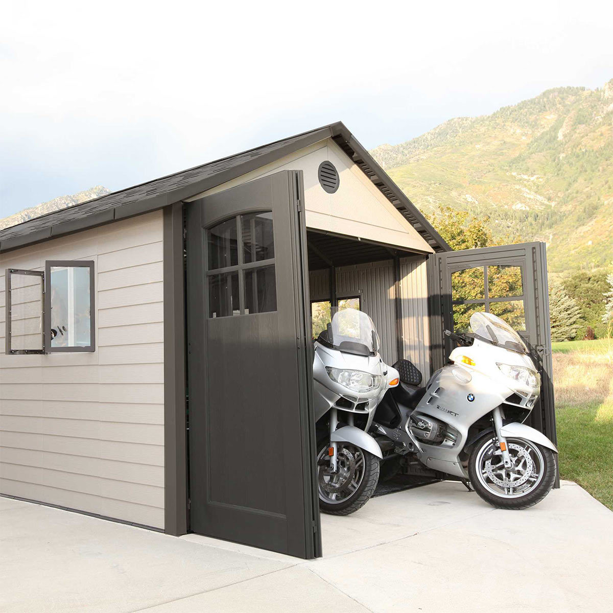 Steel reinforced doors with extra-large opening Lifetime Garden Storage Shed