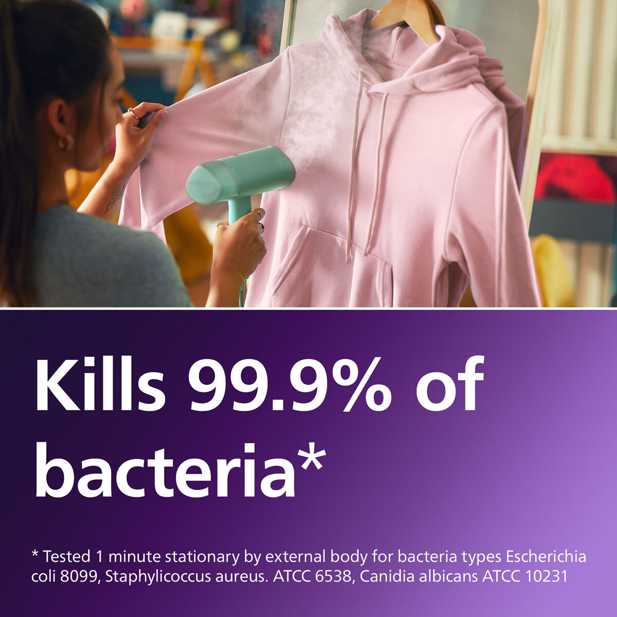 Image of Philips Handheld Steamer describing how it kills 99.99% of bacteria