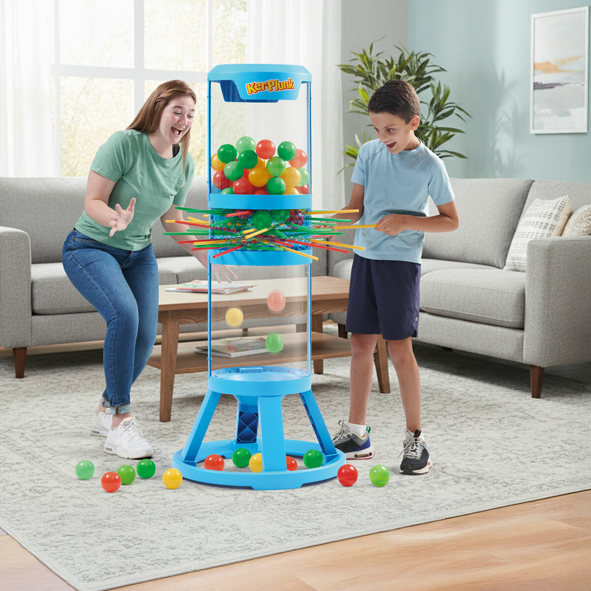 style image showing a woman and a boy playing Ker-Plunk indoors