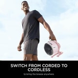 Lifestyle image of fan showing corded and cordless Lifestyle image of fan showing corded and cordless