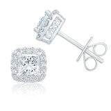 1.00ctw Princess & Round Brilliant Cut Diamond Halo Stud Earrings, 14ct White Gold