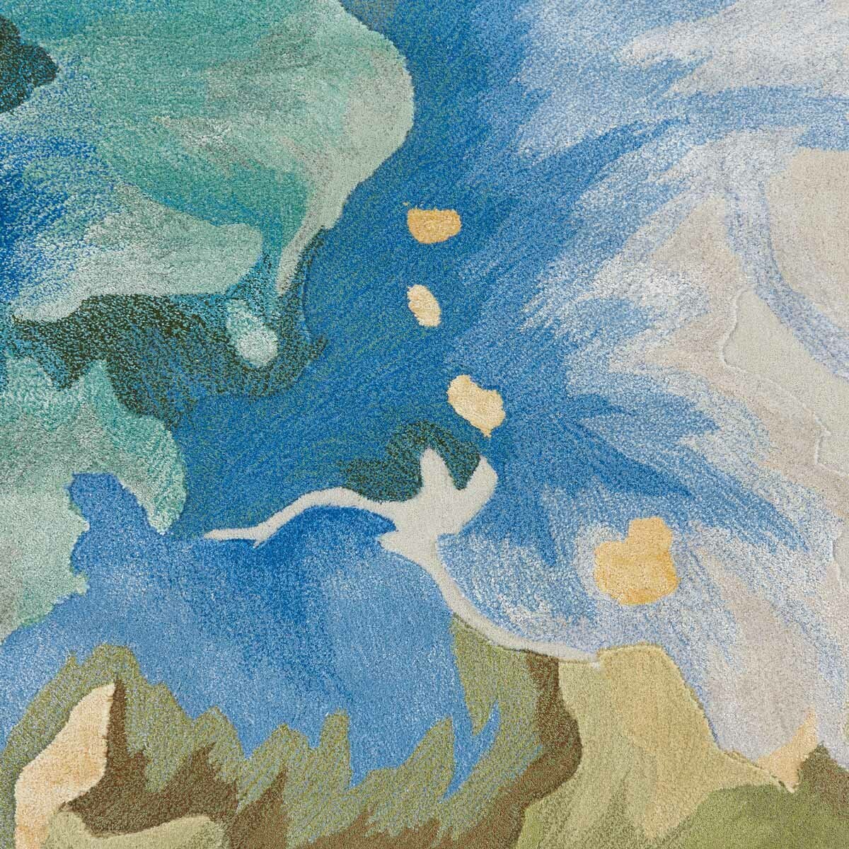 Rug with a bold abstract pattern in blue, green, beige, and yellow.