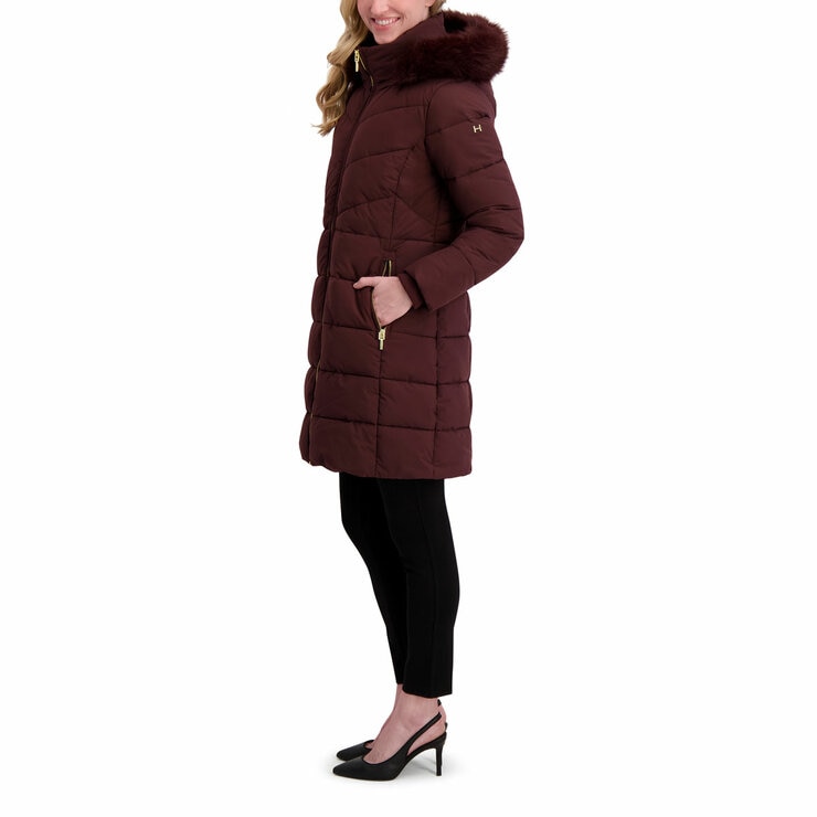 Halston Ladies Hooded Walker Coat in Burgundy