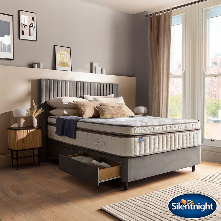 Silentnight Velvet 4 Drawer Divan Base with Slumber Headboard in 4 Colours & 3 Sizes