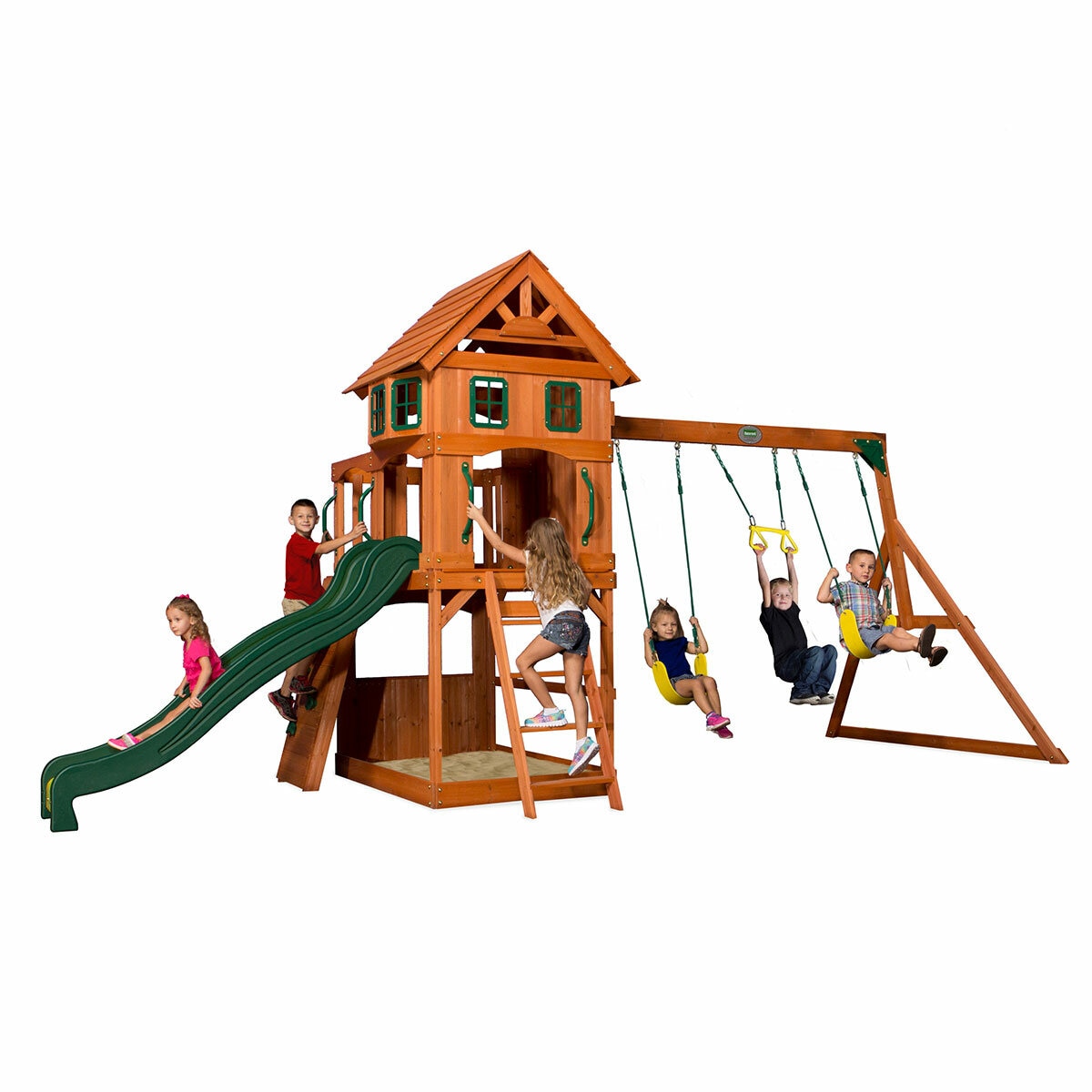 Lifestyle image of children playing on the Backyard Discovery Atlantis Swingset Playcentre Lifestyle image of children playing on the Backyard Discovery Atlantis Swingset Playcentre