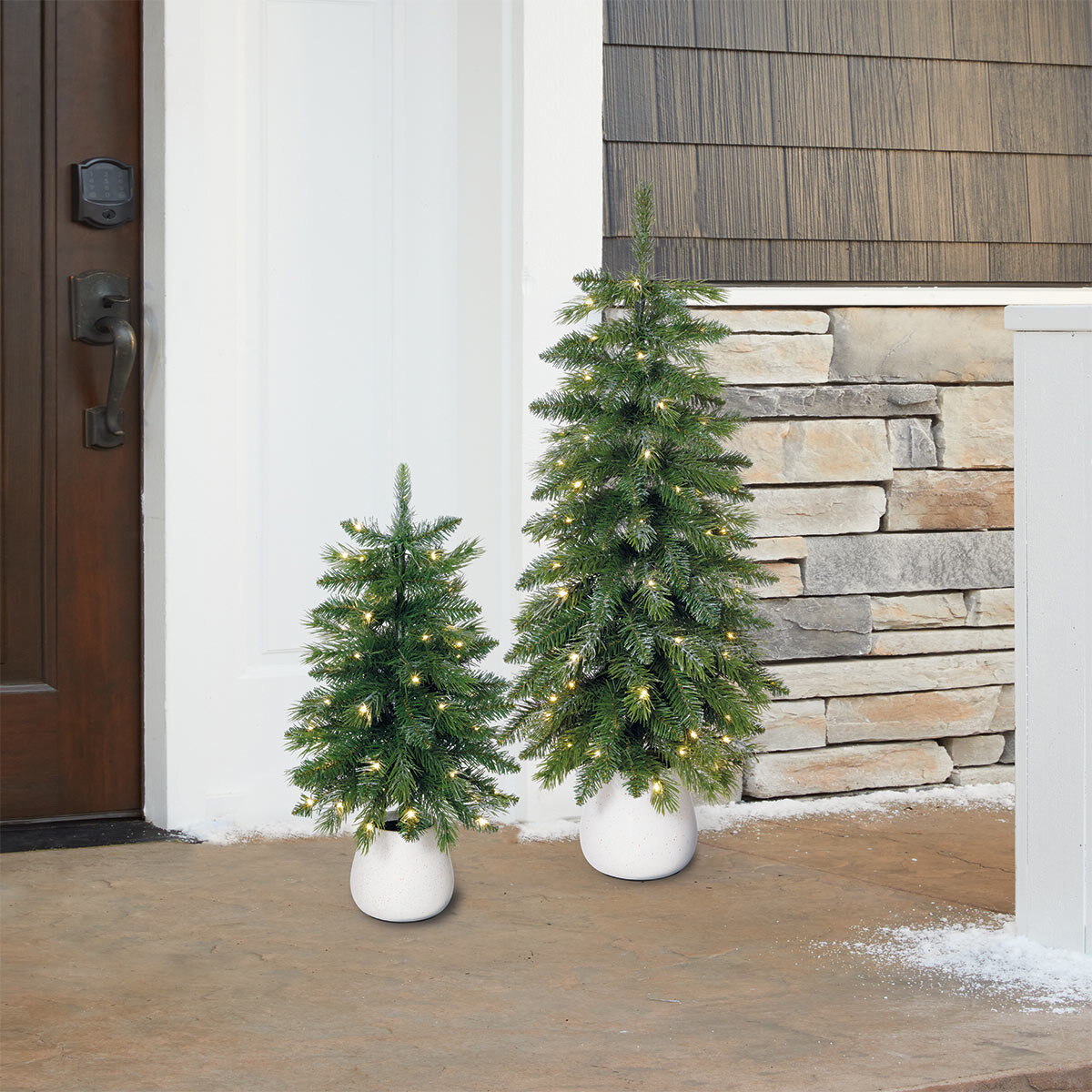 3ft (90cm) Silver Glitter Potted Trees with LED Lights- Set of 2