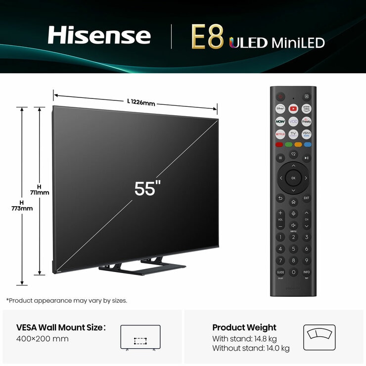 Hisense 55E8QTUK 55 Inch Mini LED HD Smart TV