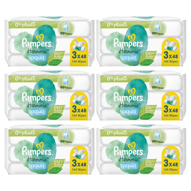 Pampers Harmonie Aqua Plastic Free Baby Wipes, 3 x 48 Pack