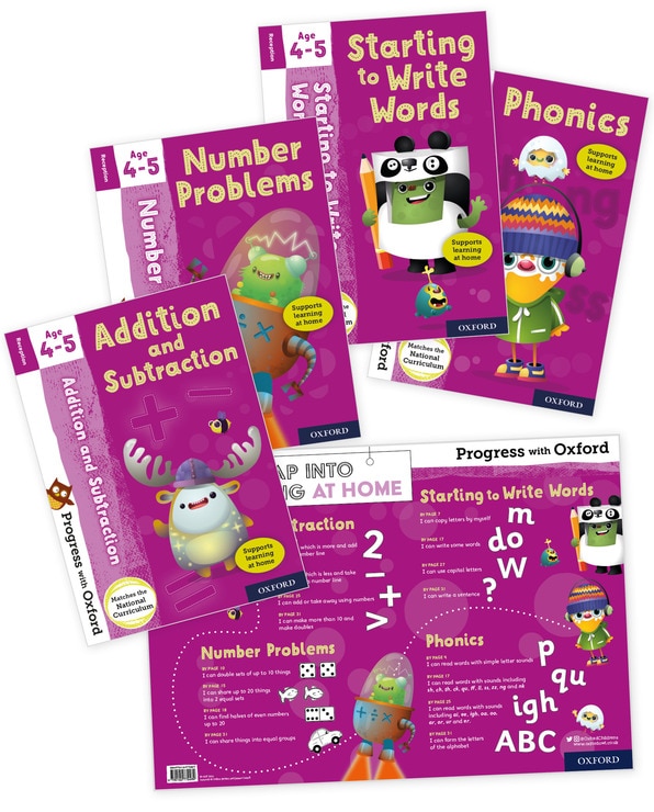 Progress with Oxford x4 Book Collection with Poster in 4 Options: Starting to Write, Write Words, Counting up to 100 or Time & Money