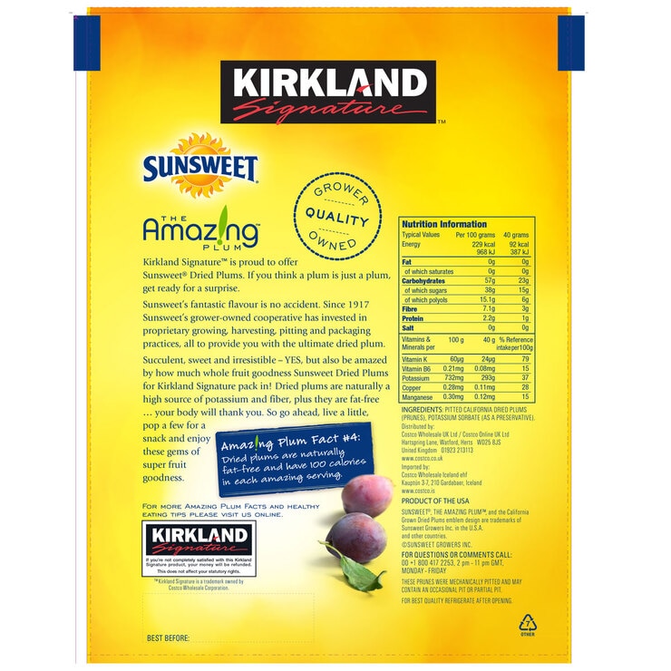 Kirkland Signature Sunsweet Pitted Dried Plums, 1.59kg Costco UK