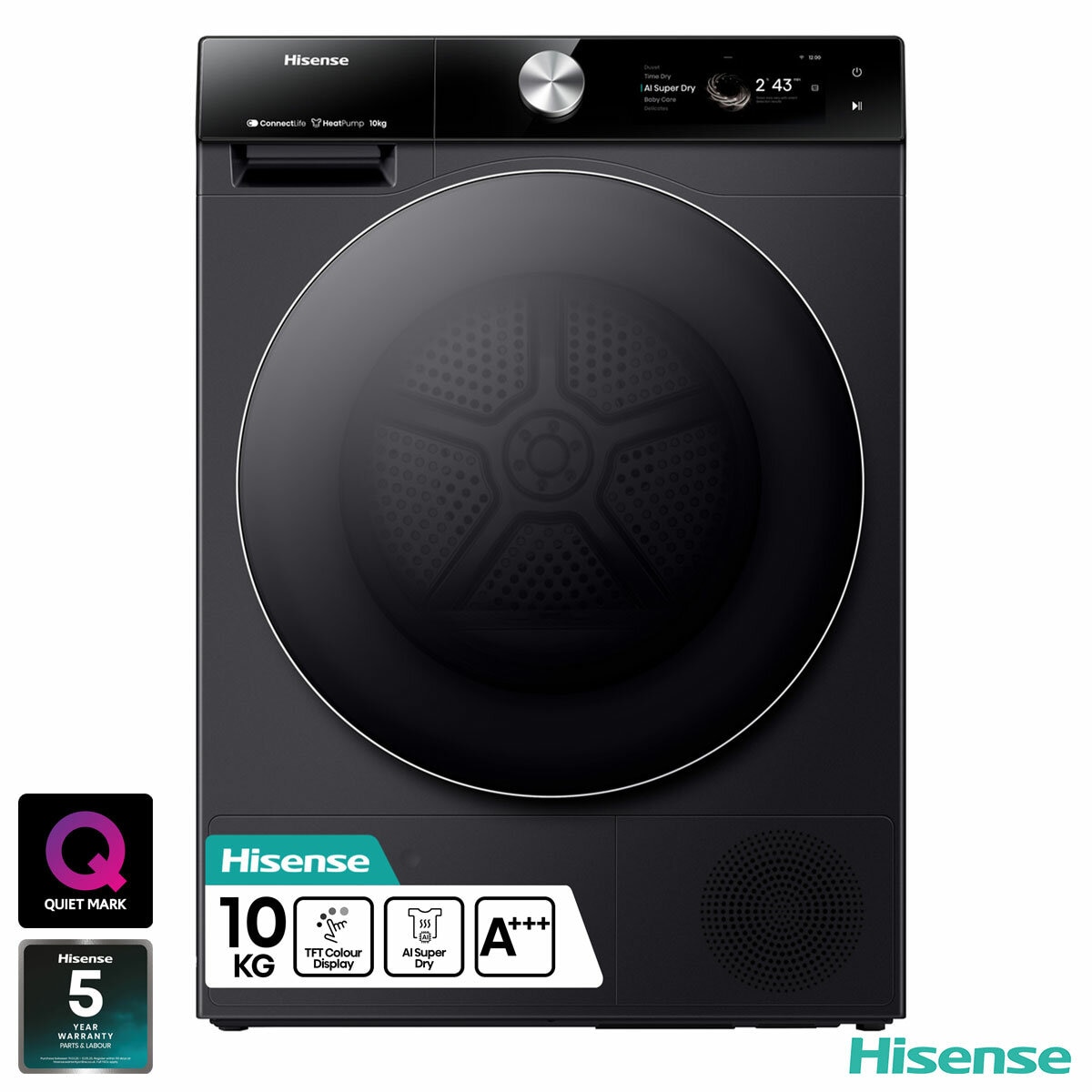 Hisense DH7S107BB, 10kg Heat Pump Tumble Dryer A+++ Rating in Black Hisense DH7S107BB, 10kg Heat Pump Tumble Dryer A+++ Rating in Black