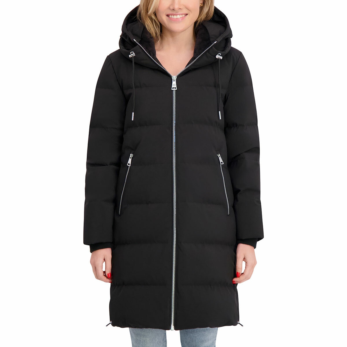 DKNY Ladies Long Down Coat with Hood in Black